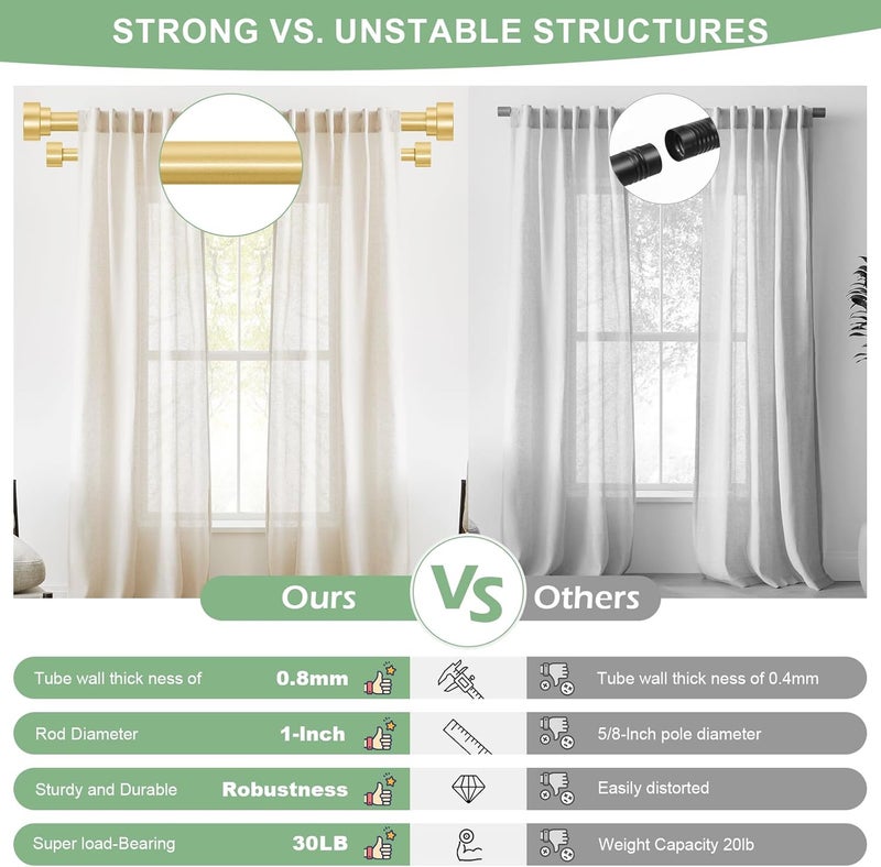 TANGWIN Gold Double Curtain Rods for windows 36 to 88:Adjustable Heavy Duty Double Curtain Rod for Bedroom Living Room,1 Inch Brass Gold Iron Moden Decorative Telescopic Dual Drapery Rod Easy Install - Image 3